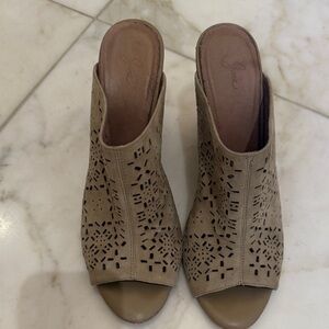 Joie Taupe Laser-Cut Peep-Toe Wedges